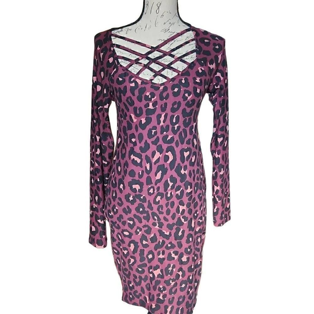 Eye Candy Ladies Size Large Burgundy Pink Black Cross Front Long Sleeve Dress